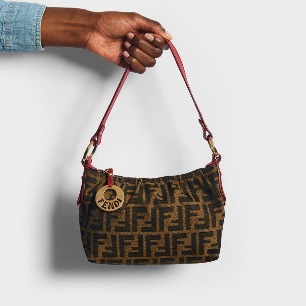 Fendi Brown Zucca Canvas And Red Leather Selleria Boston Bag