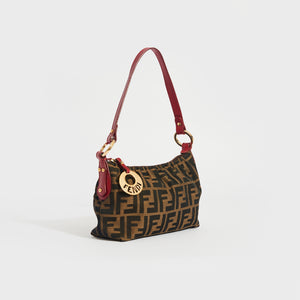 FENDI Zucca Canvas and Leather Bag in Brown with Red