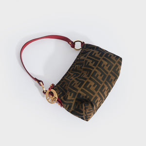 FENDI Zucca Canvas and Leather Bag in Brown with Red