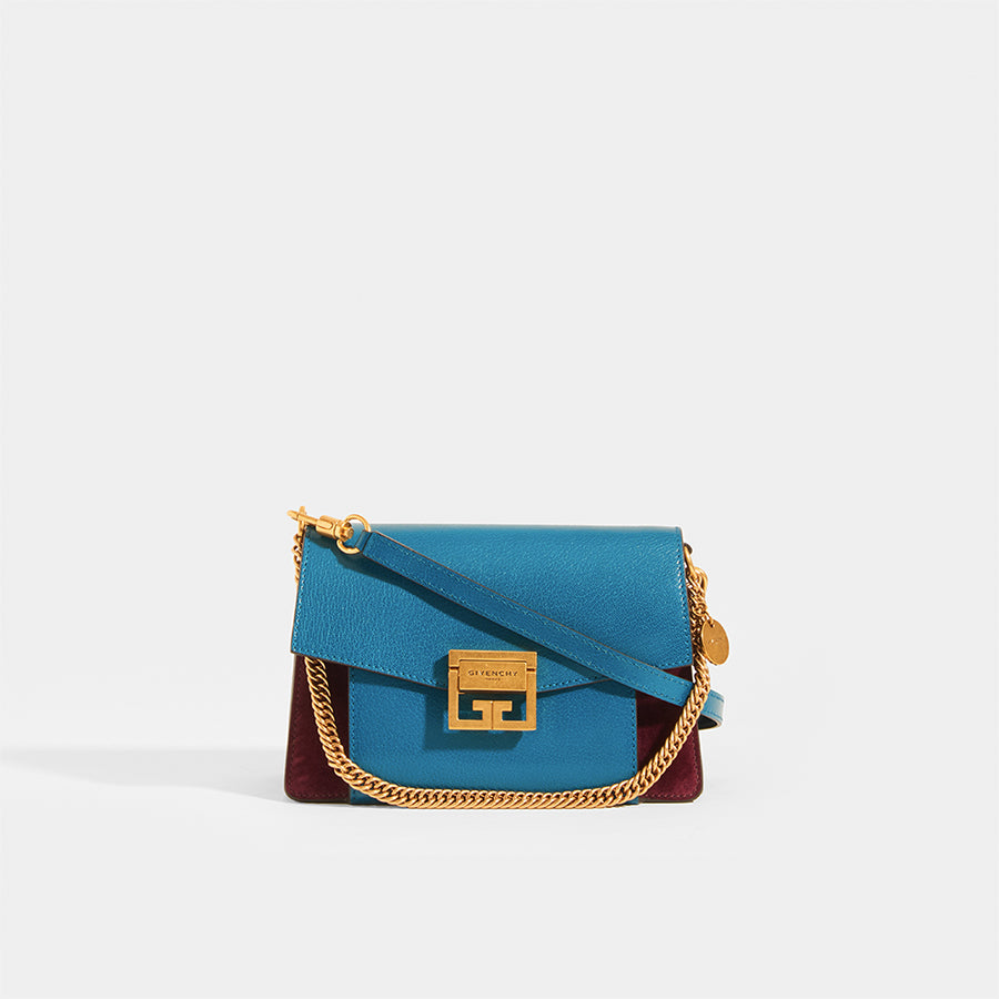 GIVENCHY GV3 Small Bag in Blue and Aubergine Leather and Suede With Leather Strap and Gold Metal Short Strap