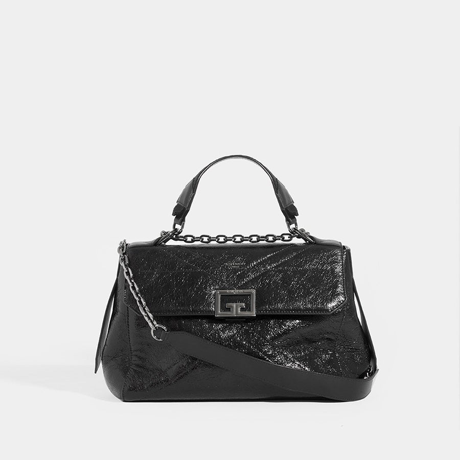 Front view of GIVENCHY ID Medium Quilted Glossed-Leather Shoulder Bag with shoulder strap and top handle