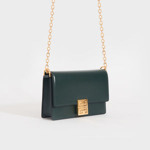 Side view of the GIVENCHY Small 4G Crossbody Bag in Green Forest with Gold Shoulder chain