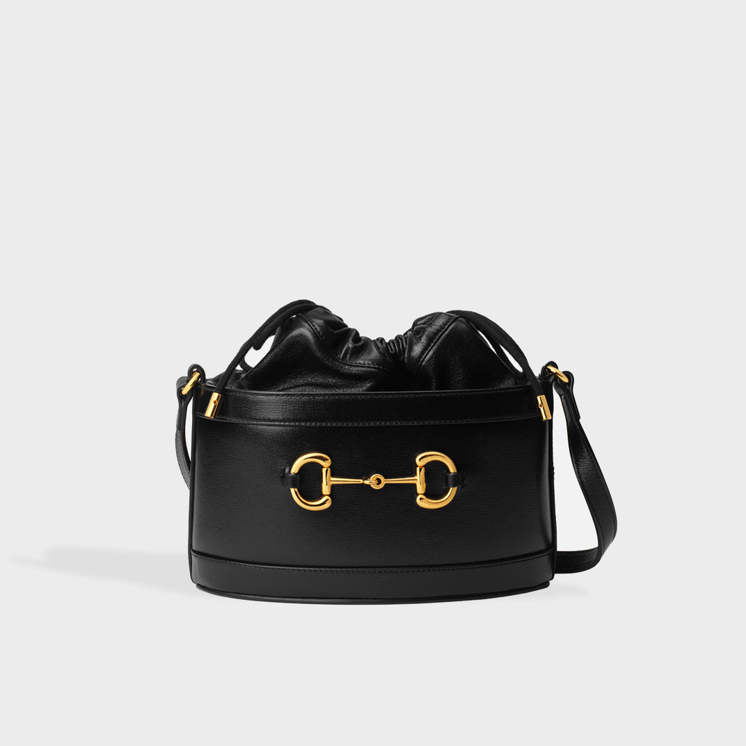 Vintage authentic Gucci black bucket patent leather shoulder bag.