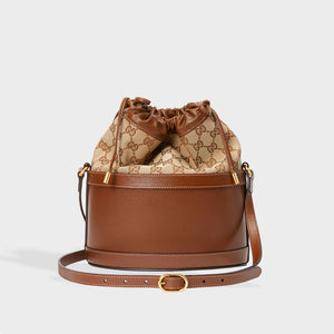 GUCCI 1955 Horsebit Bucket Bag in Brown Leather and GG Canvas