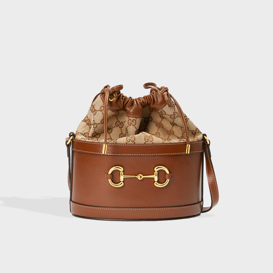 1955 Horsebit Bucket Bag in Brown Leather and GG Canvas