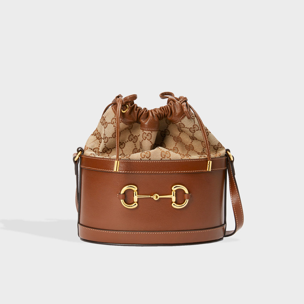 GUCCI 1955 Horsebit Bucket Bag in Brown Leather and GG Canvas