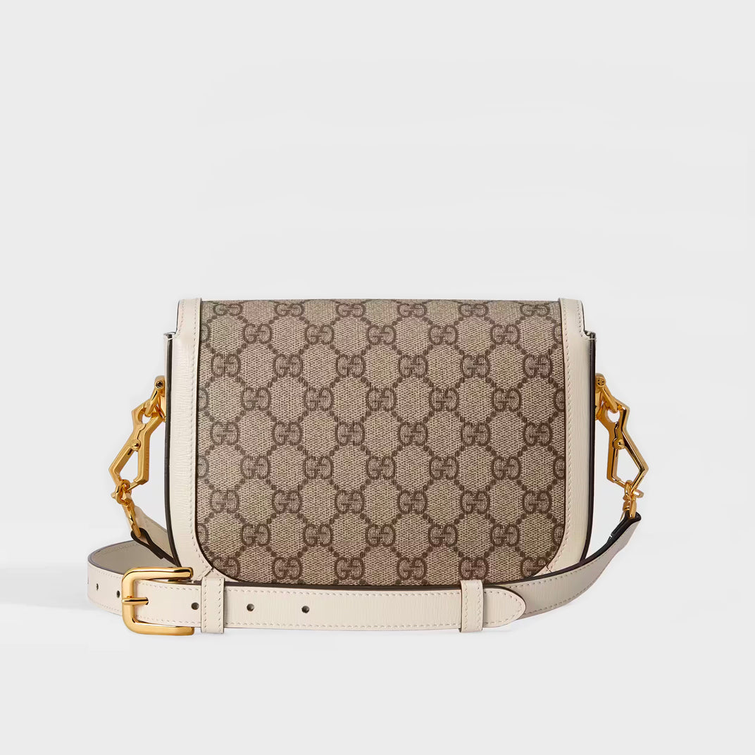 Rear of the GUCCI 1955 Horsebit Mini Bag in GG Supreme Canvas with White Leather