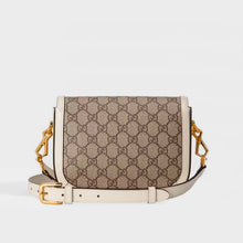 Load image into Gallery viewer, Rear of the GUCCI 1955 Horsebit Mini Bag in GG Supreme Canvas with White Leather