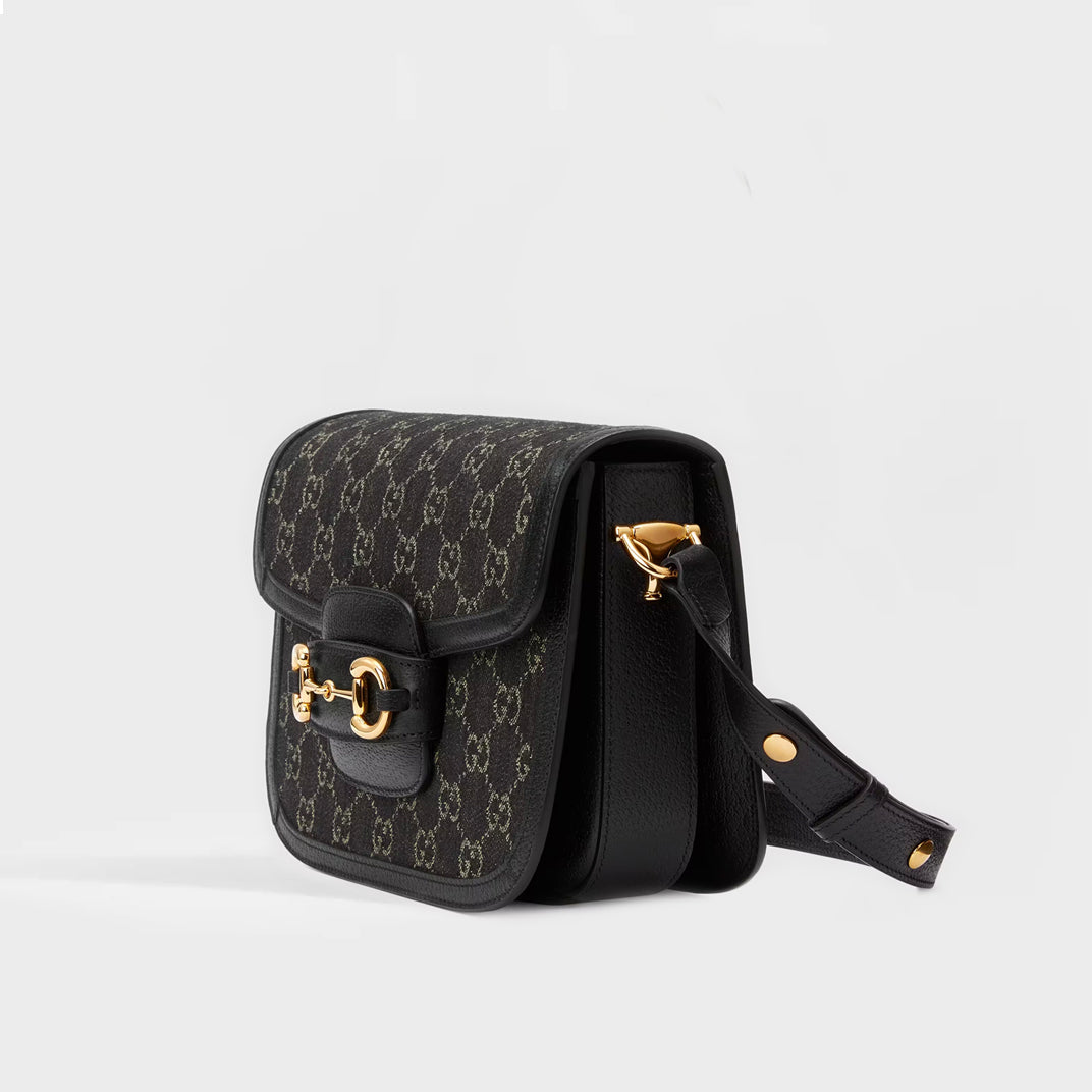 Horsebit 1955 GG Supreme Shoulder Bag in Black and Ivory Denim