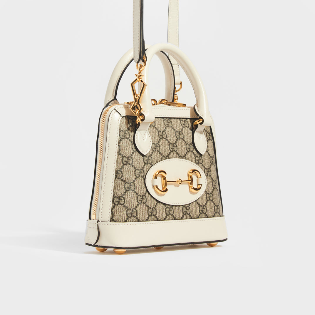 Horsebit 1955 GG Supreme Mini Top Handle Bag with White Leather Trim