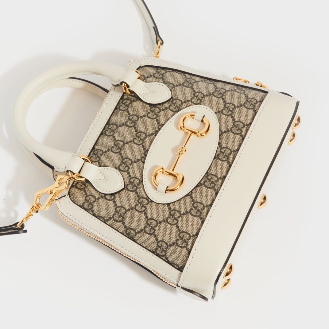 Horsebit 1955 GG Supreme Mini Top Handle Bag with White Leather Trim