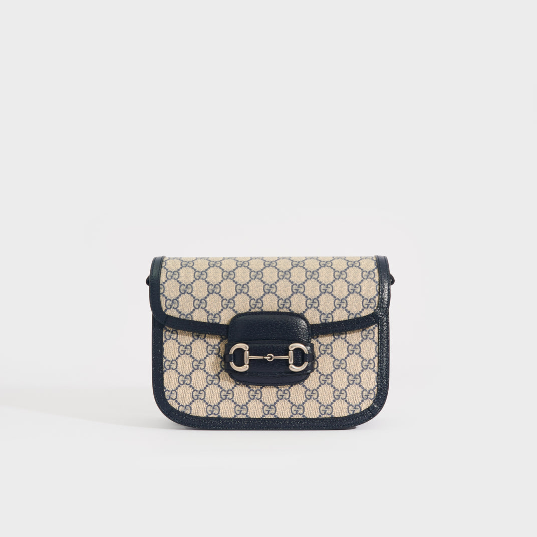 Horsebit 1955 GG Supreme Shoulder Bag with Navy Leather Trim