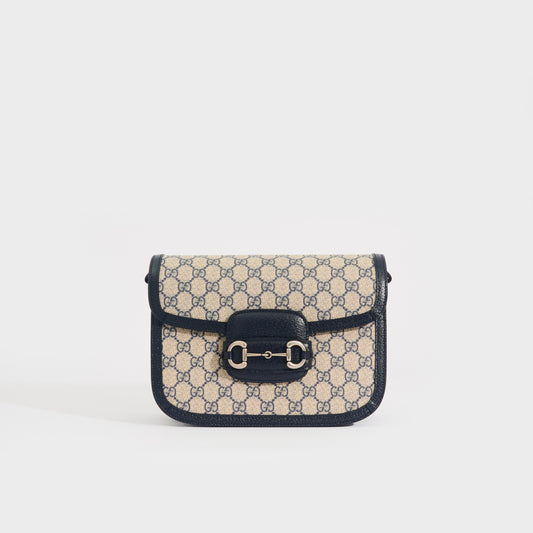 Horsebit 1955 GG Supreme Shoulder Bag with Navy Leather Trim