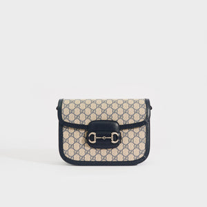 GUCCI Horsebit 1955 Shoulder Bag in Canvas and Navy Blue Leather Trim