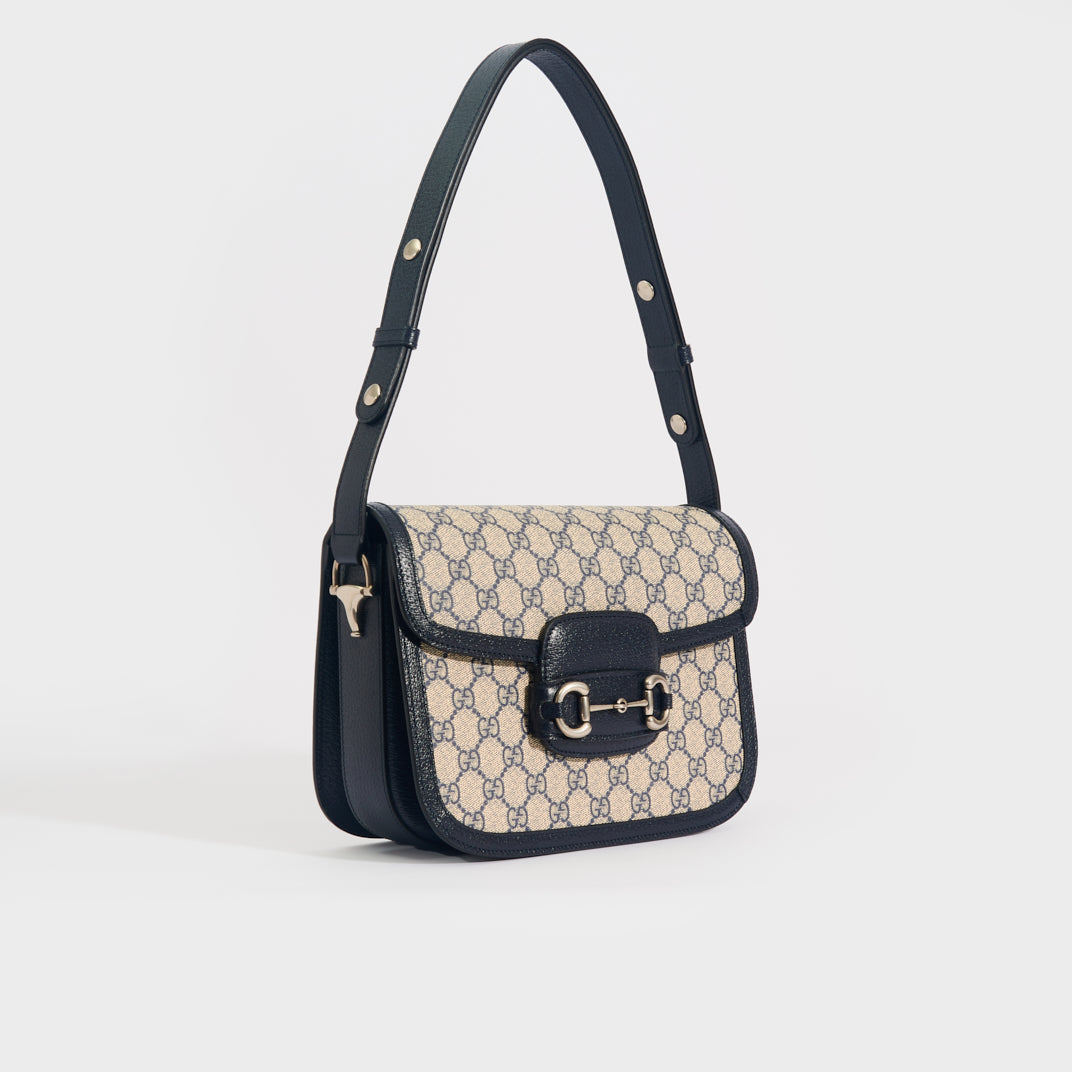 Horsebit 1955 GG Supreme Shoulder Bag with Navy Leather Trim