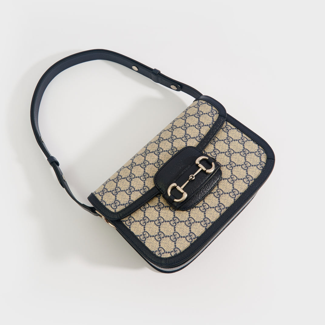 Horsebit 1955 GG Supreme Shoulder Bag with Navy Leather Trim