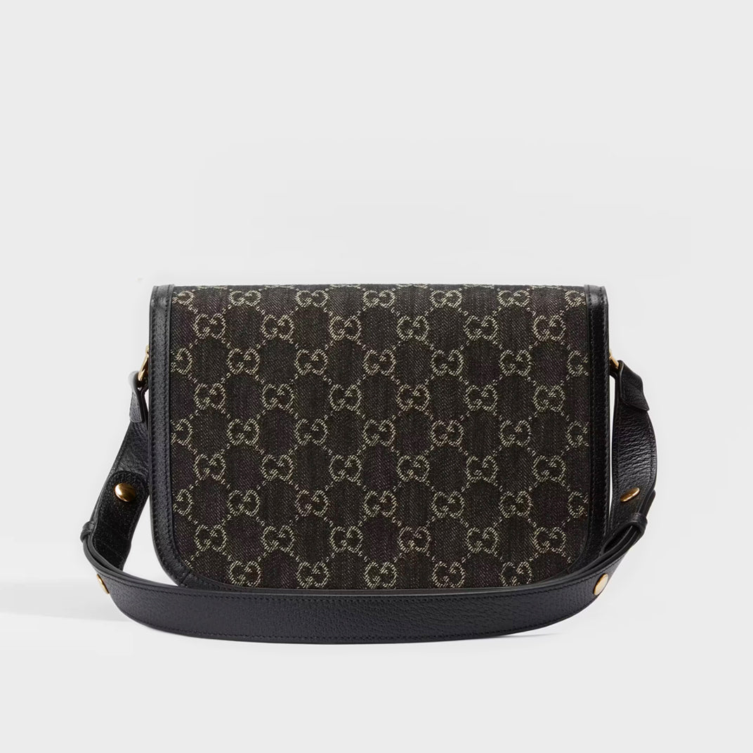 Horsebit 1955 GG Supreme Shoulder Bag in Black and Ivory Denim