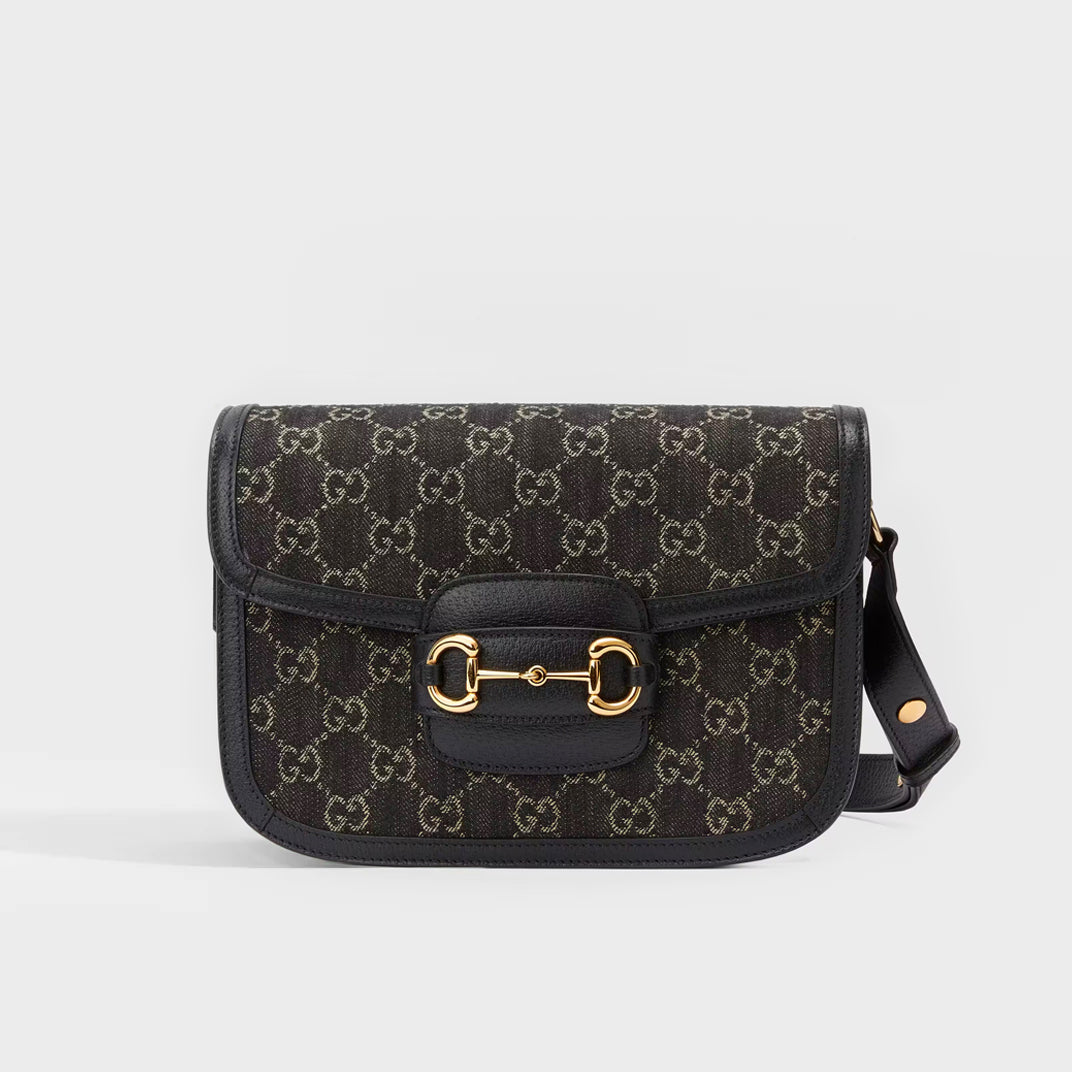 Horsebit 1955 GG Supreme Shoulder Bag in Black and Ivory Denim