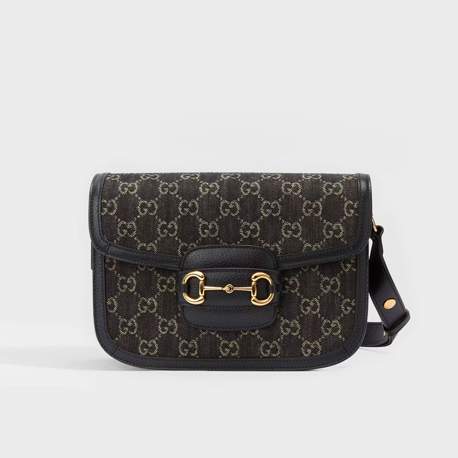 Horsebit 1955 GG Supreme Shoulder Bag in Black and Ivory Denim