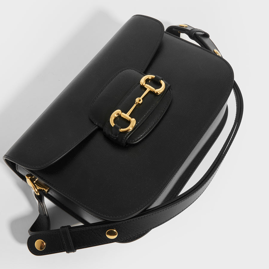 Top detail of GUCCI 1955 Horsebit Shoulder Bag in Black Leather with strap 