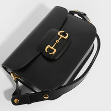 Load image into Gallery viewer, Top detail of GUCCI 1955 Horsebit Shoulder Bag in Black Leather with strap 