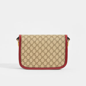 GUCCI 1955 Horsebit Shoulder Bag in Coated GG Canvas with Red Leather