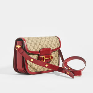 GUCCI 1955 Horsebit Shoulder Bag in Coated GG Canvas with Red Leather
