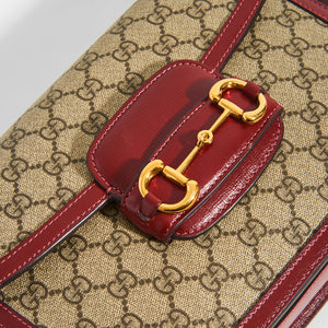 GUCCI 1955 Horsebit Shoulder Bag in Coated GG Canvas with Red Leather