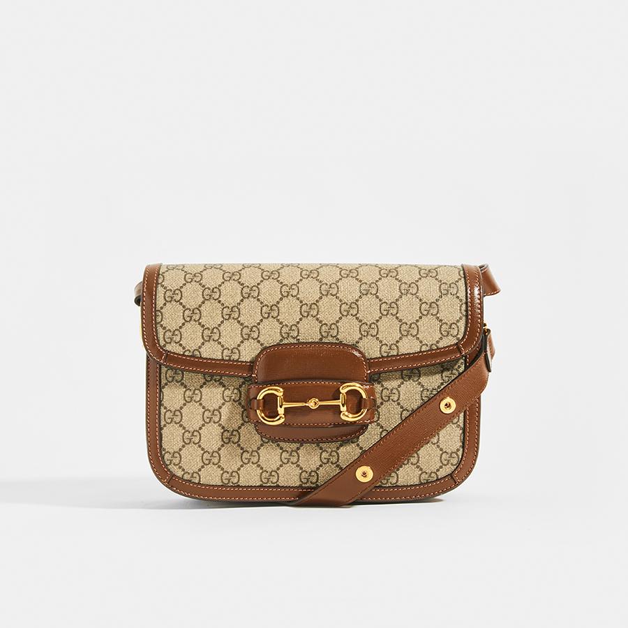 GUCCI Horsebit 1955 Shoulder Bag in Brown Canvas with Leather Trim