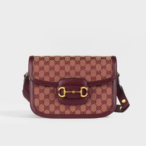 GUCCI Horsebit 1955 GG Supreme Canvas Shoulder Bag in Vintage Bordeaux