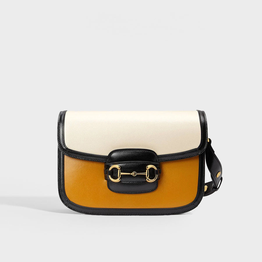GUCCI 1955 Horsebit Leather Shoulder Bag in Orange and White