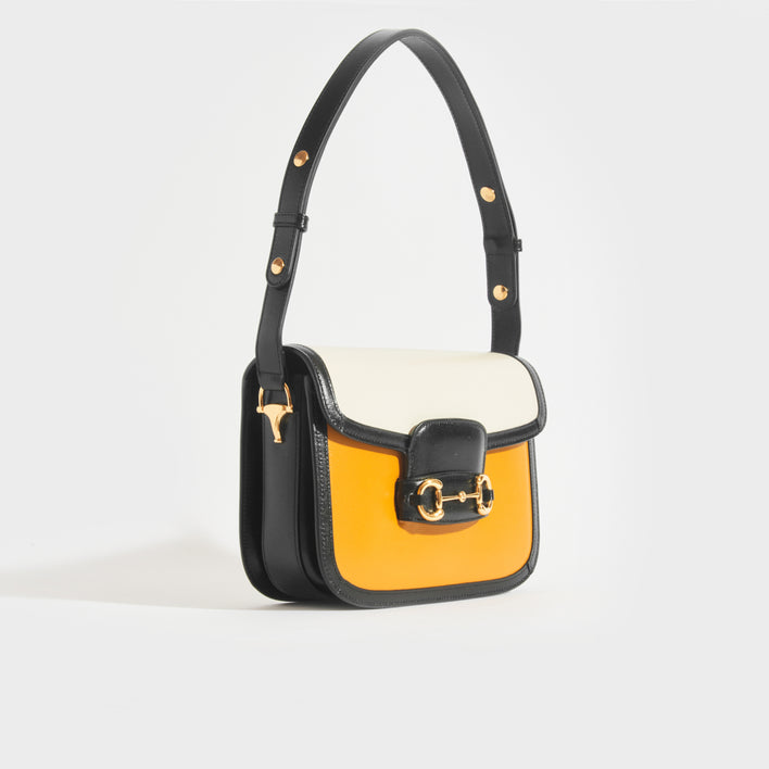GUCCI 1955 Horsebit Leather Shoulder Bag in Orange and White
