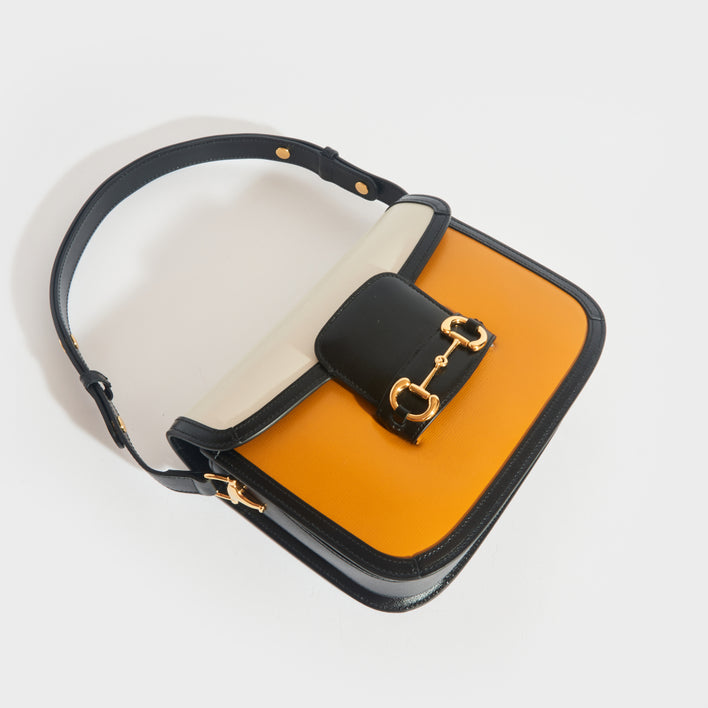 GUCCI 1955 Horsebit Leather Shoulder Bag in Orange and White