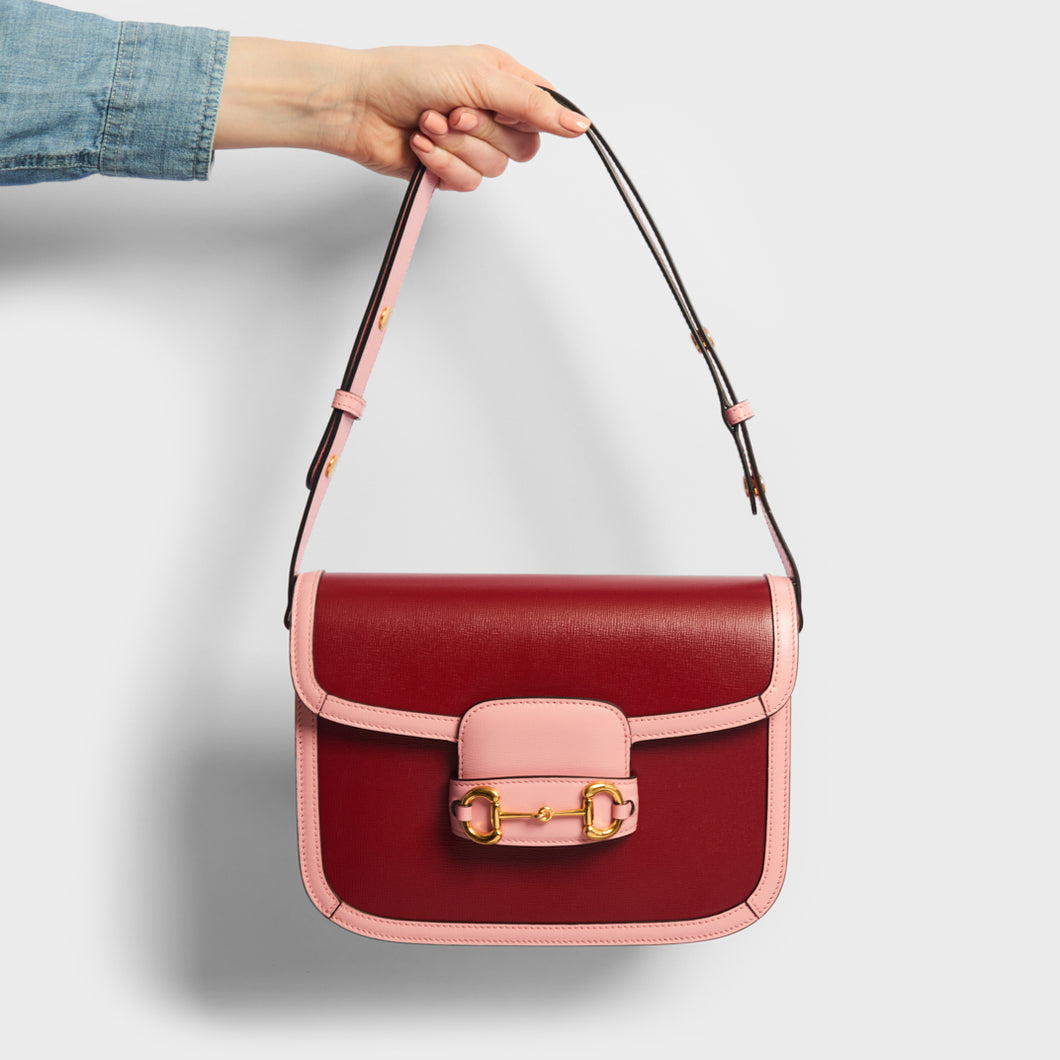 GUCCI 1955 Horsebit Leather Shoulder Bag in Red and Pink