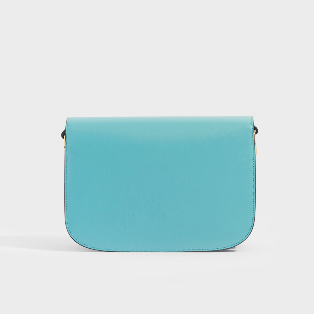 Rear view of the GUCCI 1955 Horsebit Shoulder Bag in Turquoise Leather