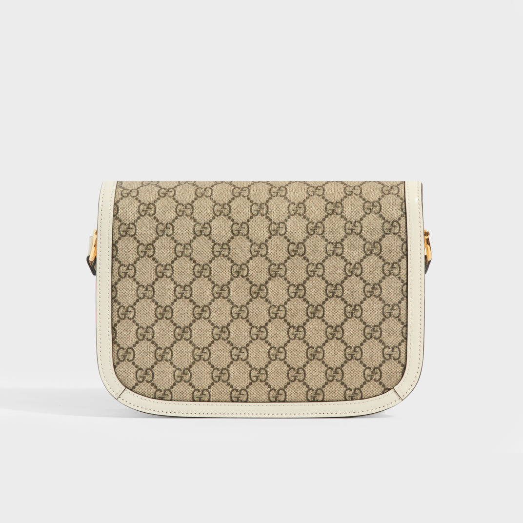 Rear view of the GUCCI 1955 Horsebit Shoulder Bag in Coated GG Canvas with White Leather