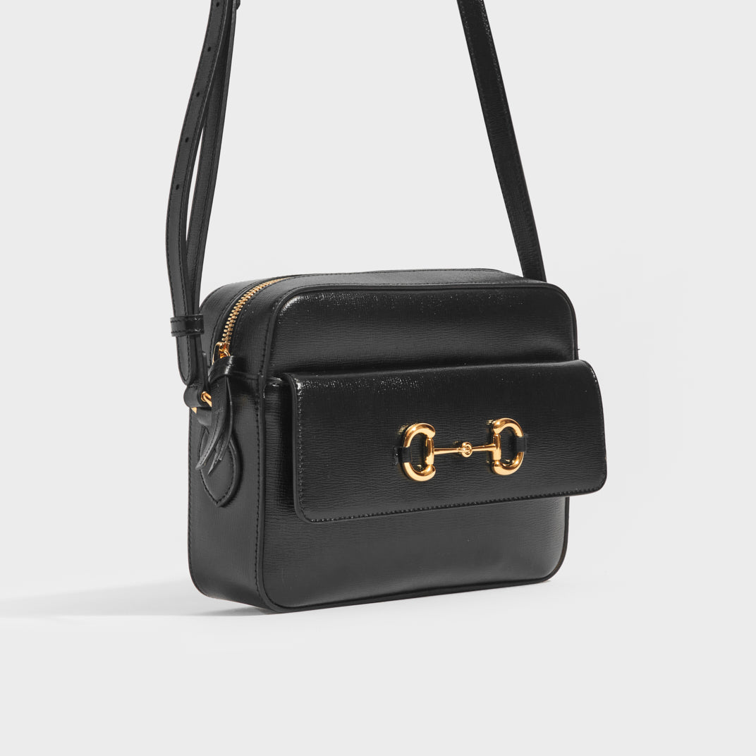 Side view of the GUCCI 1955 Horsebit Small Shoulder Bag in Black Leather