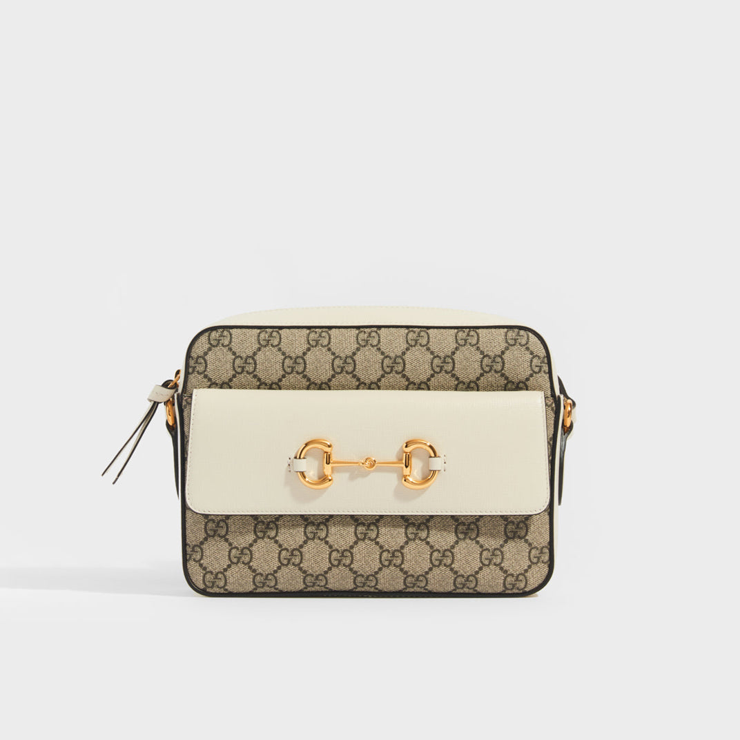 GUCCI 1955 Horsebit Small Shoulder Bag in White Leather with GG Supreme  Canvas