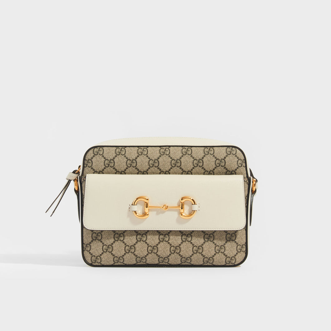 GUCCI 1955 Horsebit Small Shoulder Bag in Canvas with White Leather