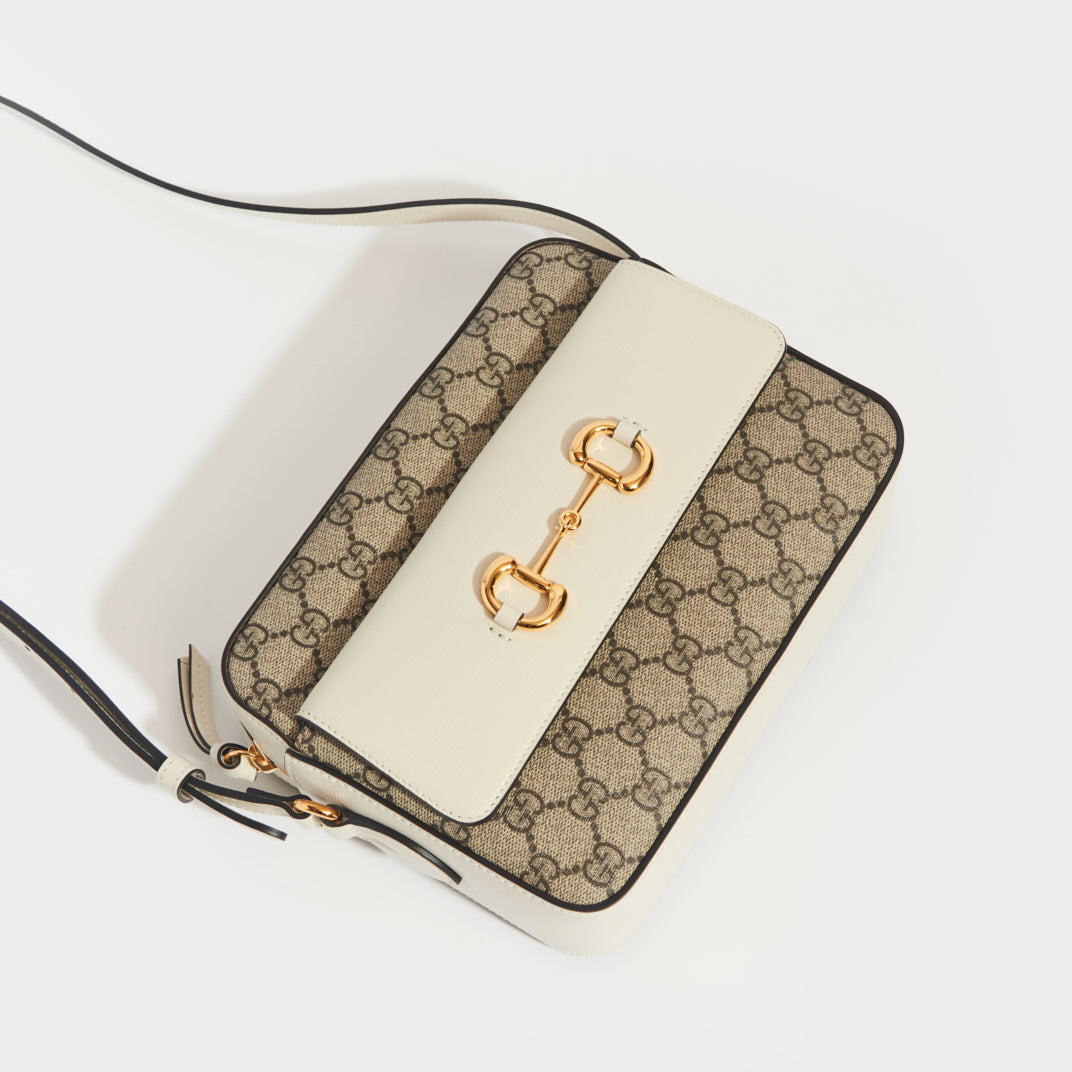 GUCCI 1955 Horsebit Small Shoulder Bag in White Leather with GG Supreme  Canvas