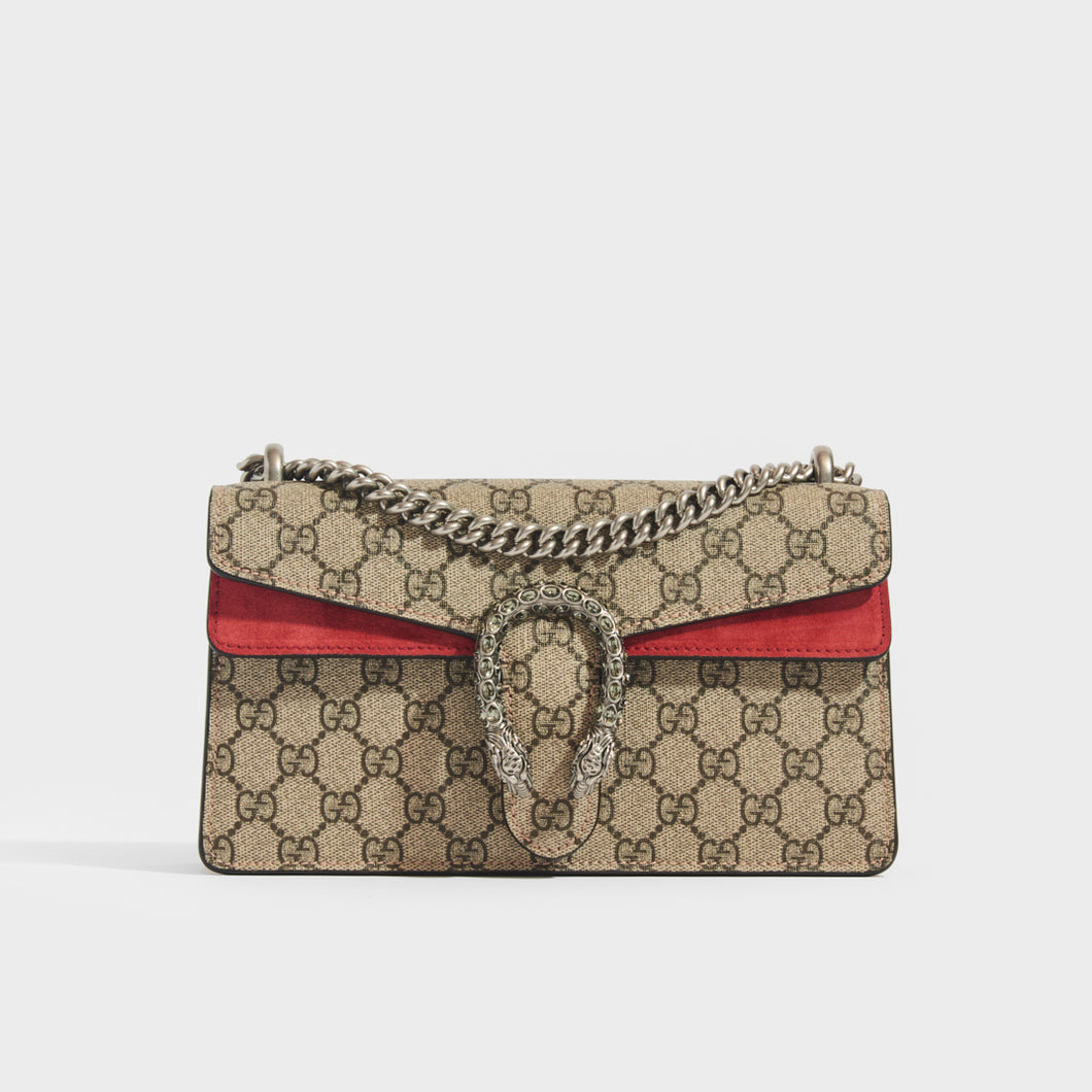 Front view of the GUCCI Dionysus GG Supreme Small Bag With Suede Trim in Red
