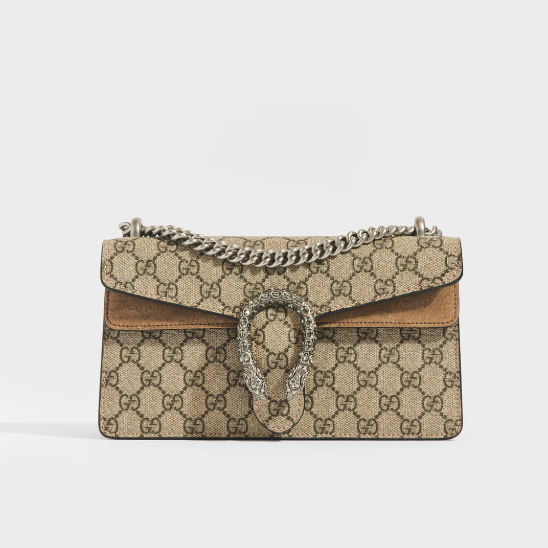 Front view of the GUCCI Dionysus GG Supreme Small Bag With Suede Trim in Taupe