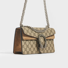 Load image into Gallery viewer, Side view of the GUCCI Dionysus GG Supreme Small Bag With Suede Trim in Taupe
