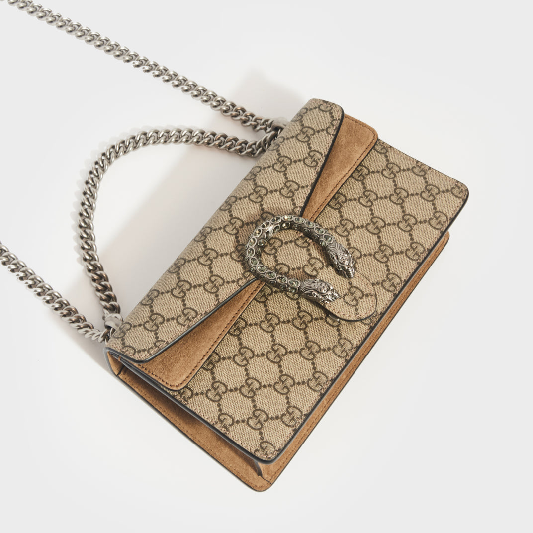 Dionysus GG Supreme Small Bag With Suede Trim in Taupe