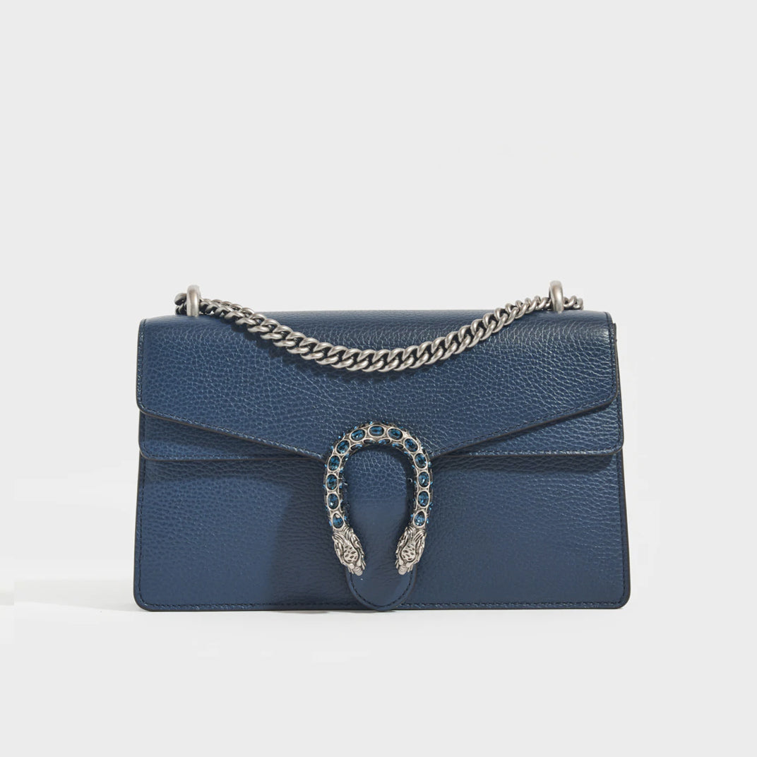 GUCCI Dionysus Small Leather Shoulder Bag in Blue With Crystal Buckle
