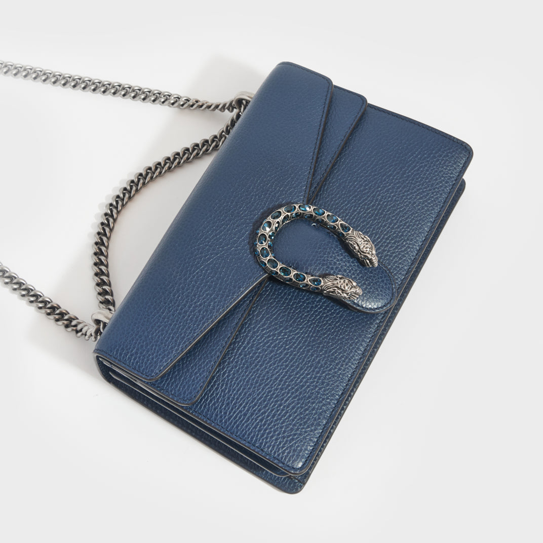 Dionysus Small Leather Shoulder Bag in Blue With Crystal Buckle