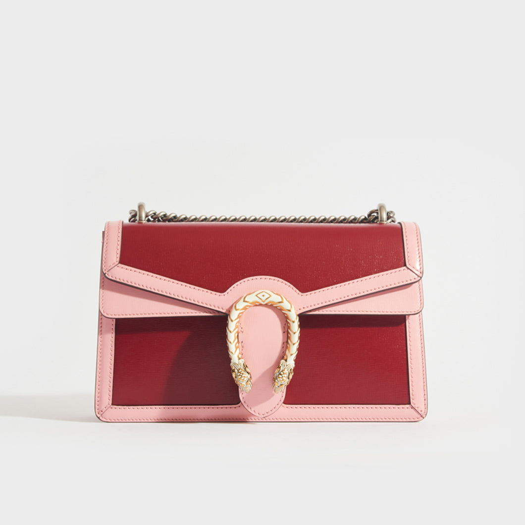 Front of the GUCCI Dionysus Small Shoulder Bag in Red and Pink