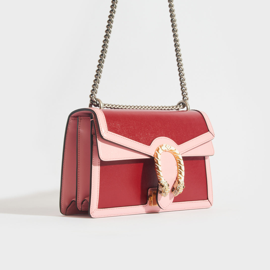 Side view of the GUCCI Dionysus Small Shoulder Bag in Red and Pink