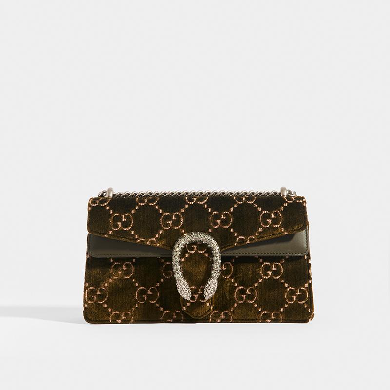 GUCCI Dionysus Small Shoulder Bag in Dark Green GG Print Velvet