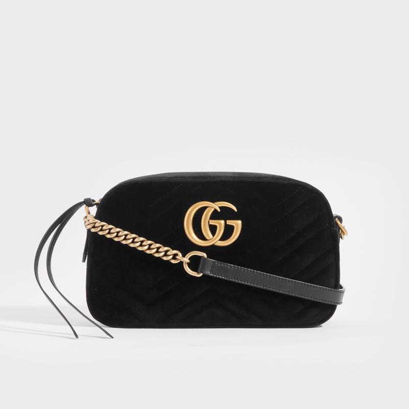 Gucci Camera Bag GG Marmont Velvet Small Black in Velvet with Antique  Gold-tone - US